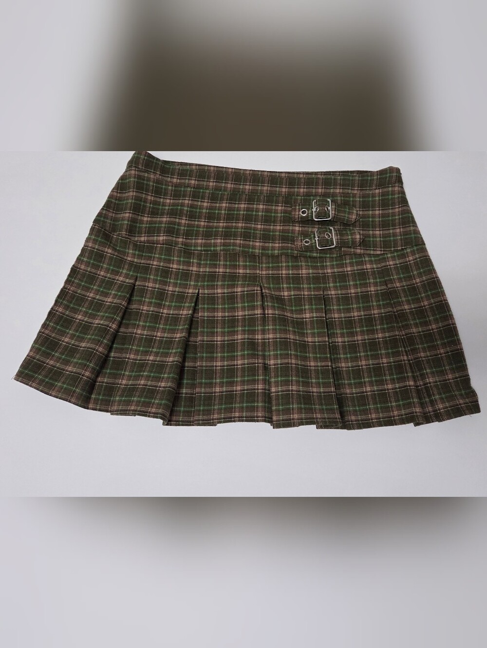 Forever 21 Brown and Green Plaid Pleated Mini Skirt with Dual Buckles